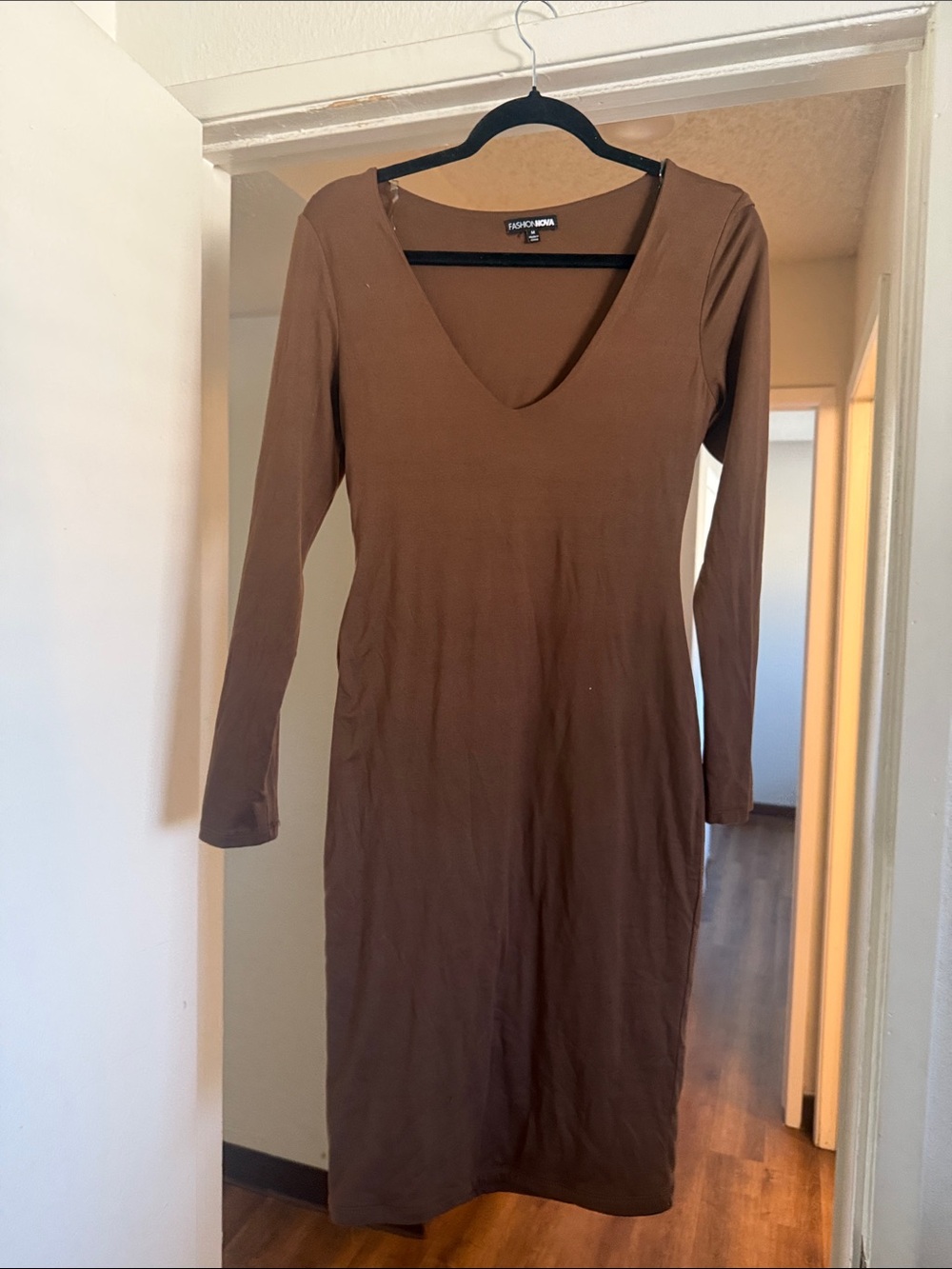 Fashion Nova Brown Long Sleeve V-Neck Midi Dress